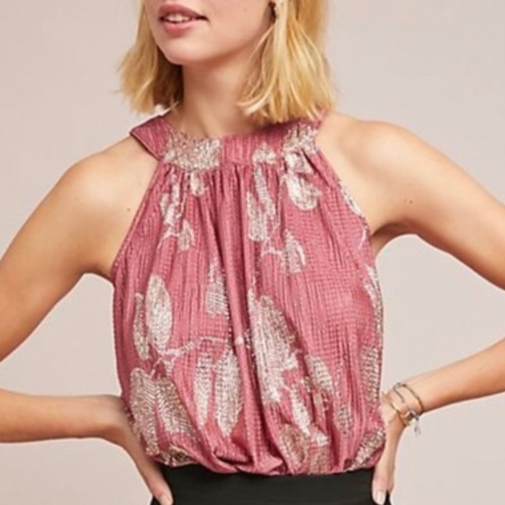 Anthropologie Feather Bone Pink Gold Shimmer Sleeveless Tank Top Size XS